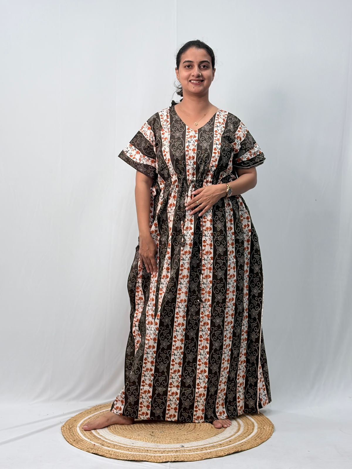 Coffee Brown Floral Printed Premium Cotton Non Feeding Kaftan | Free Size | Chest Width 44″| Length 56″