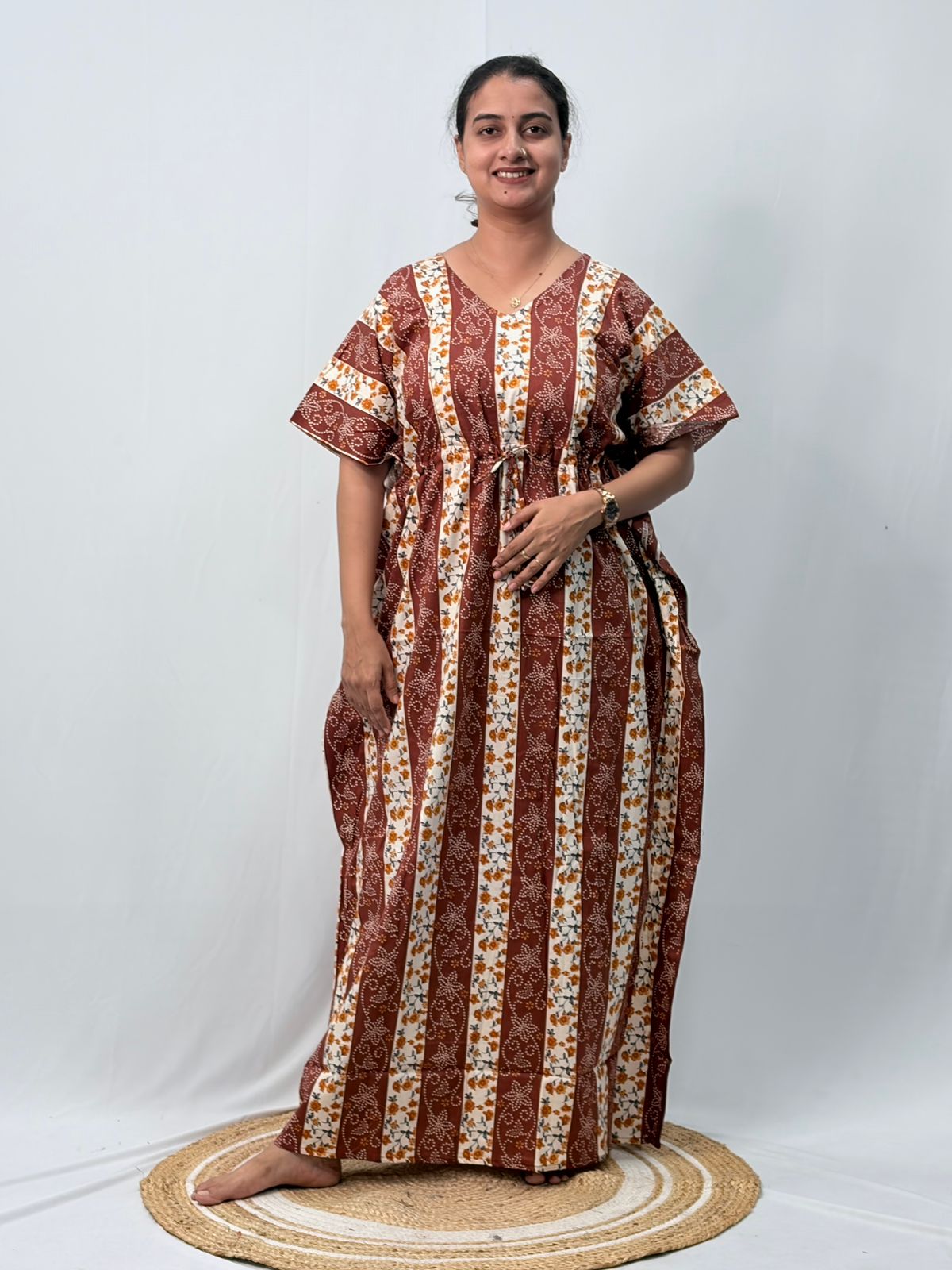 Brown Floral Printed Premium Cotton Non Feeding Kaftan | Free Size | Chest Width 44″| Length 56″