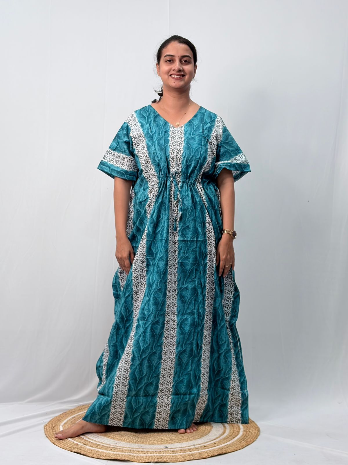 Blue And White Floral Printed Premium Cotton Feeding Kaftan | Free Size | Chest Width 44″| Length 56″
