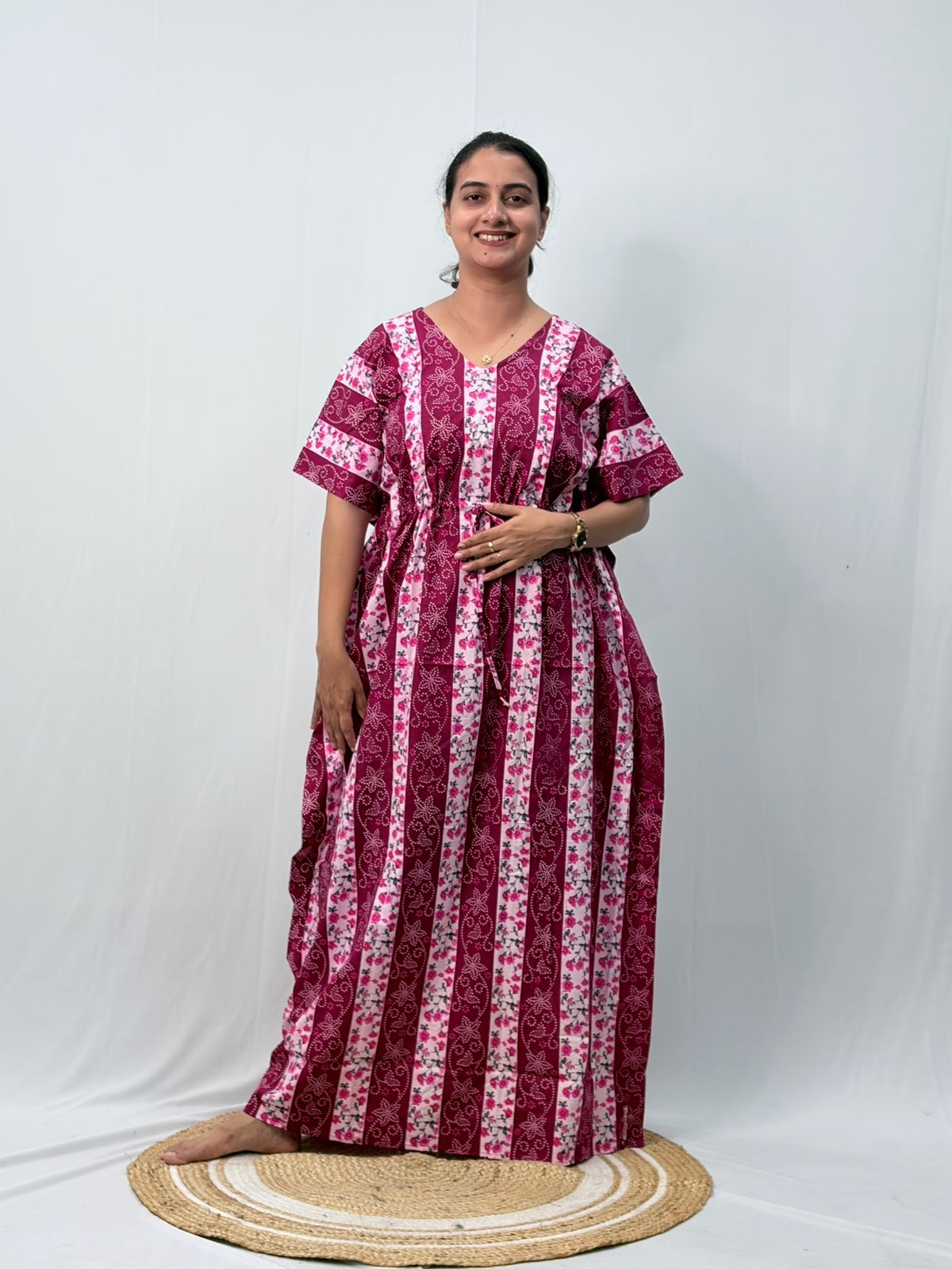 Pink Floral Printed Premium Cotton Non Feeding Kaftan | Free Size | Chest Width 44″| Length 56″