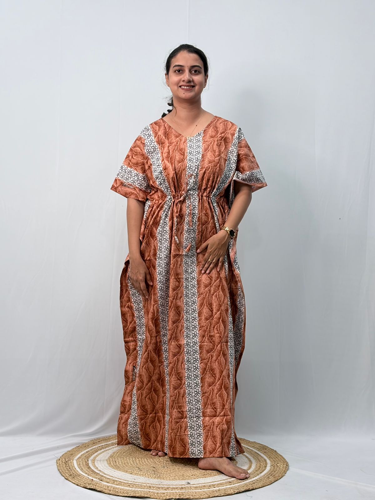 Brown And White Floral Printed Premium Cotton Feeding Kaftan | Free Size | Chest Width 44″| Length 56″