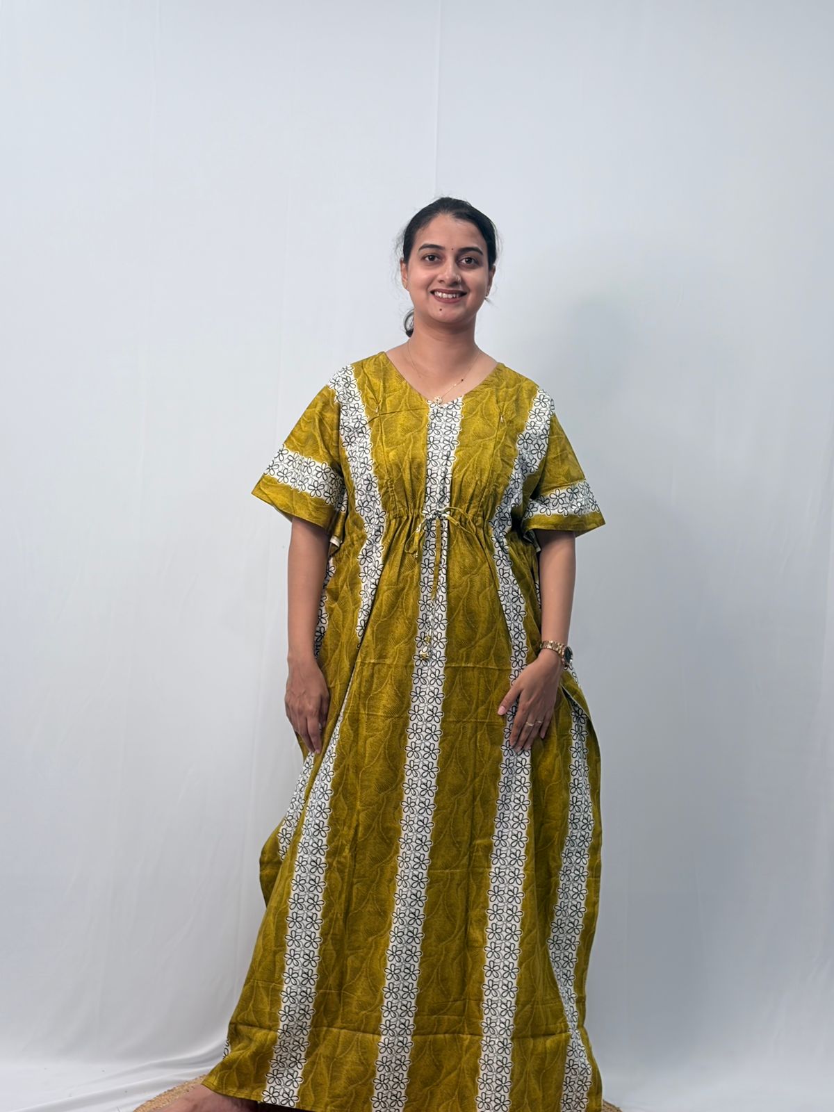 Mustard Yellow And White Floral Printed Premium Cotton Feeding Kaftan | Free Size | Chest Width 44″| Length 56″