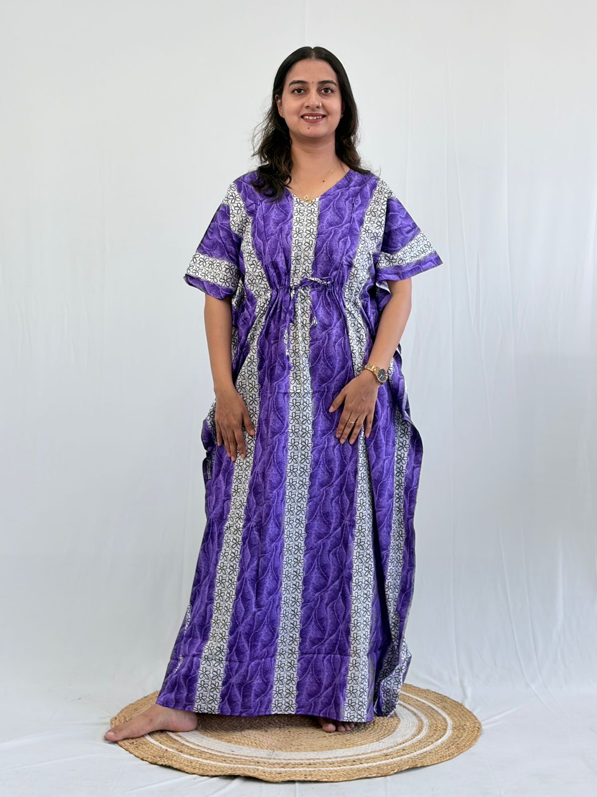 Violet And White Floral Printed Premium Cotton Feeding Kaftan | Free Size | Chest Width 44″| Length 56″