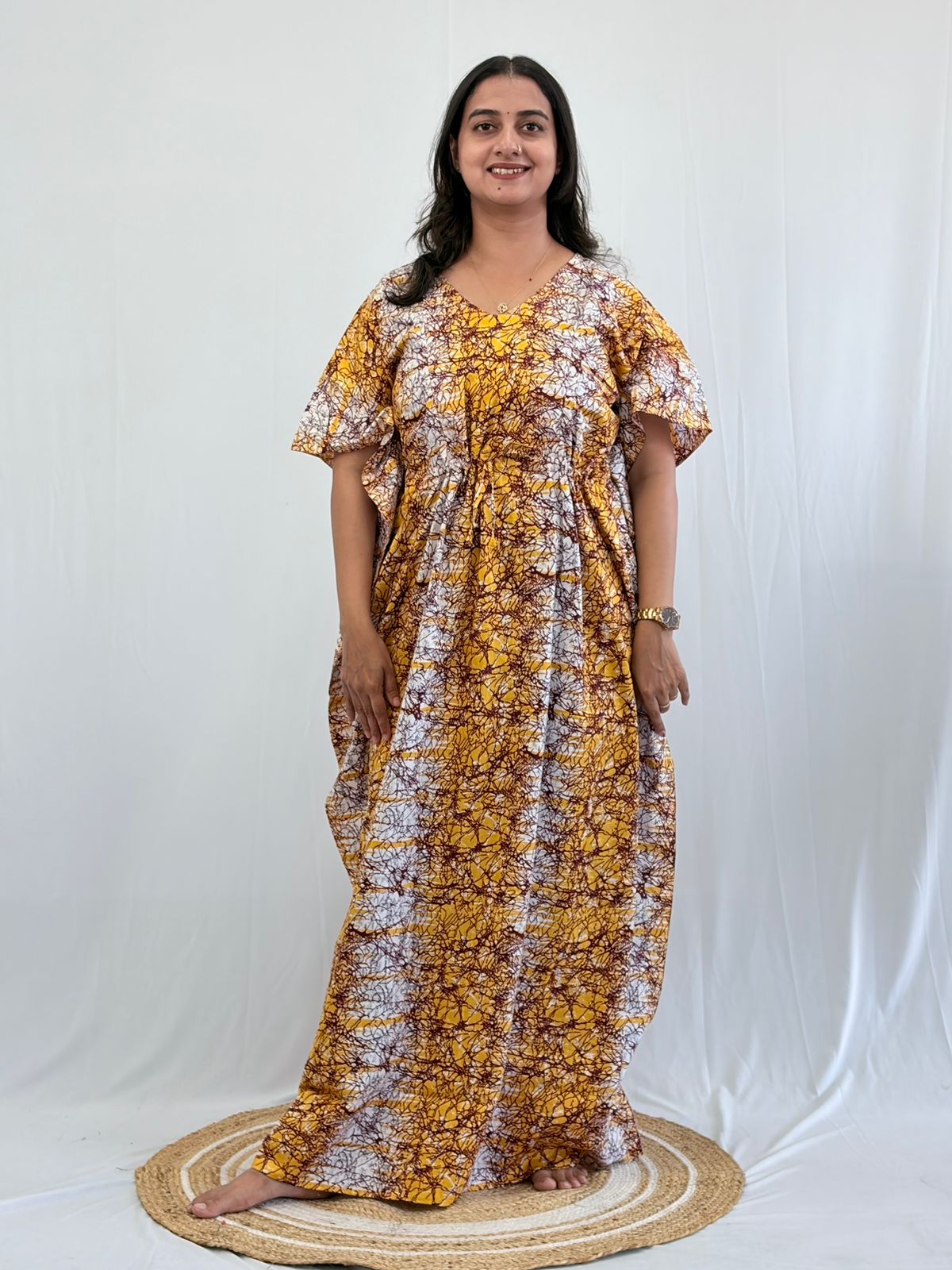 Yellow And White Printed Premium Cotton Feeding Kaftan | Free Size | Chest Width 44″| Length 56″