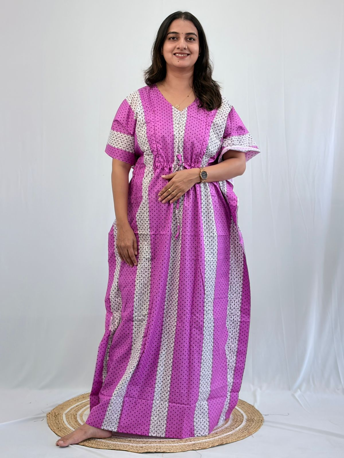 Pink And White Printed Premium Cotton Non Feeding Kaftan | Free Size | Chest Width 44″| Length 56″