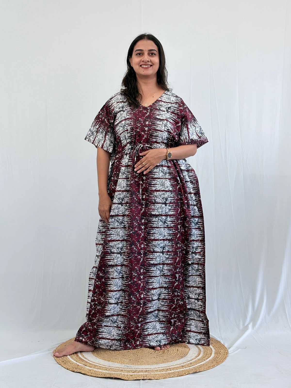 Maroon And White Printed Premium Cotton Non Feeding Kaftan | Free Size | Chest Width 44″| Length 56″