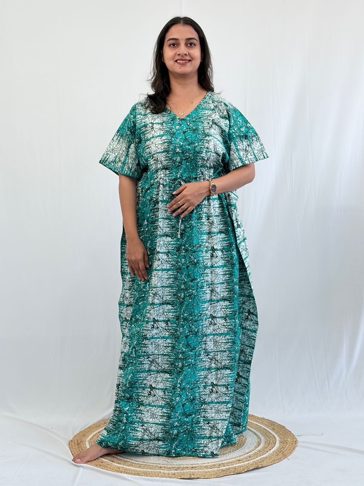 Green And White Printed Premium Cotton Non Feeding Kaftan | Free Size | Chest Width 44″| Length 56″