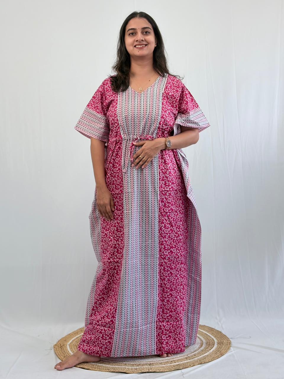 Pink Floral Printed Premium Cotton Feeding Kaftan | Free Size | Chest Width 44″| Length 56″
