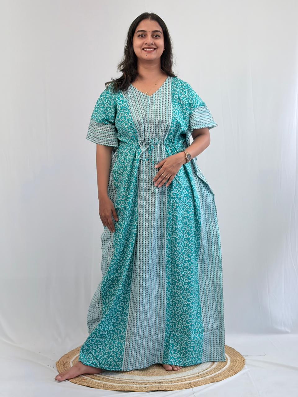 Aqua Blue Floral Printed Premium Cotton Non Feeding Kaftan | Free Size | Chest Width 44″| Length 56″