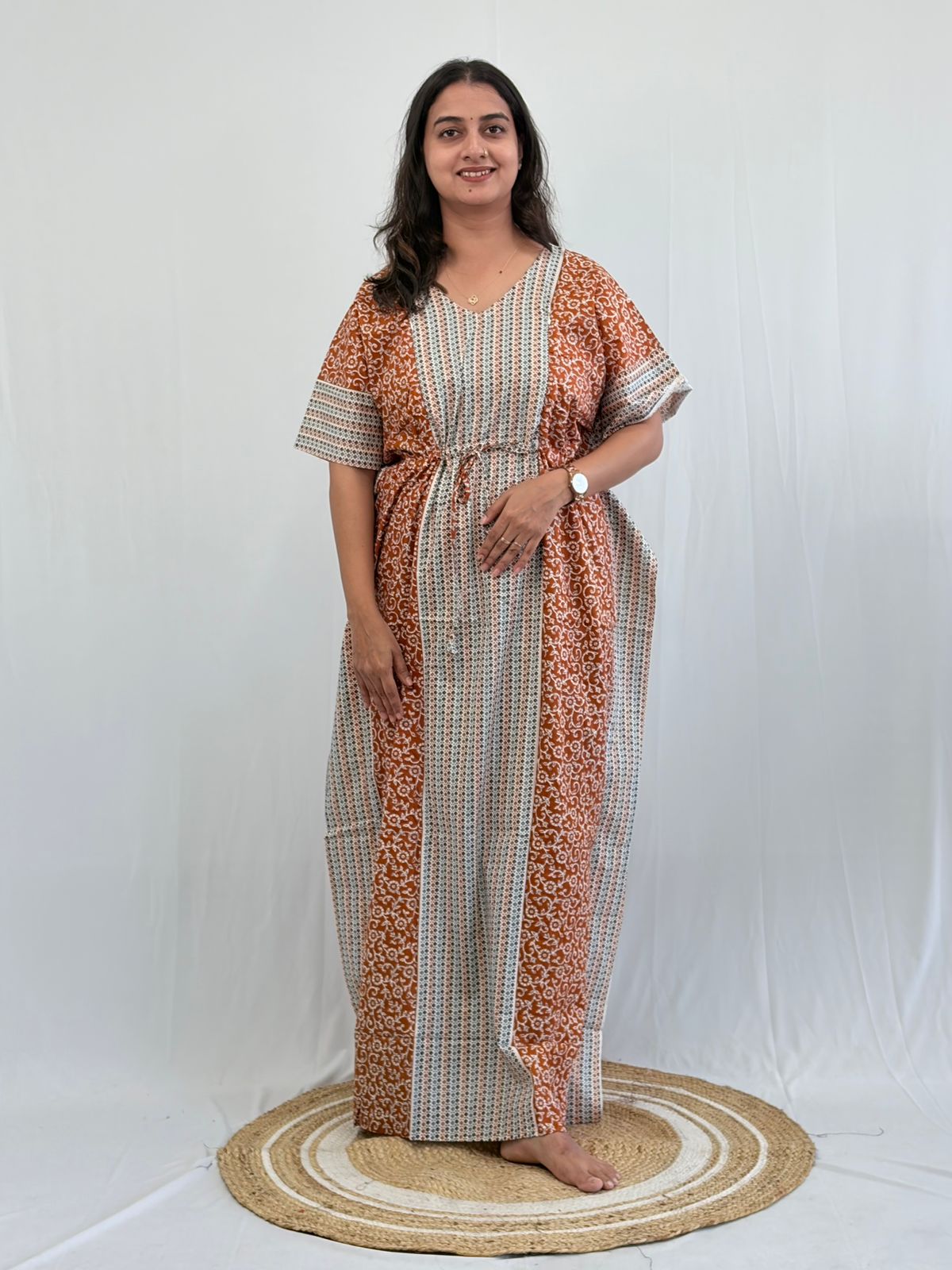Brown Floral Printed Premium Cotton Non Feeding Kaftan | Free Size | Chest Width 44″| Length 56″