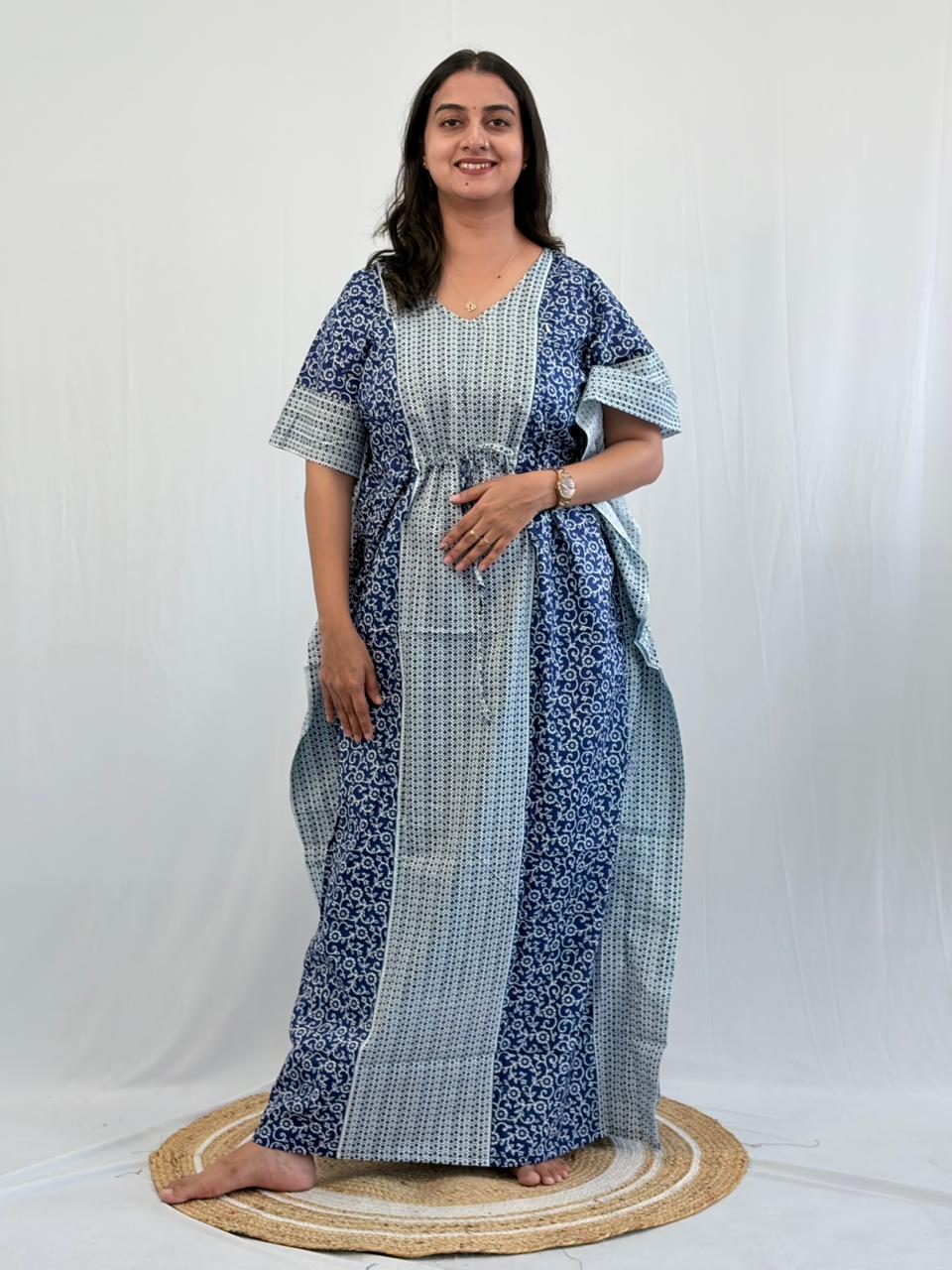 Navy-Blue Floral Printed Premium Cotton Feeding Kaftan | Free Size | Chest Width 44″| Length 56″