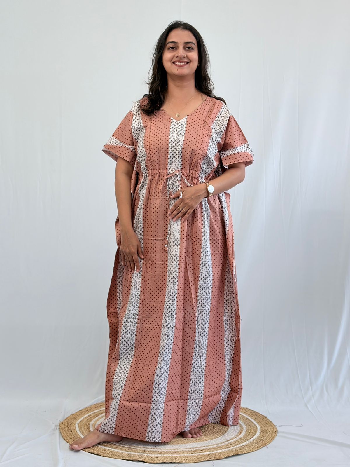 Pastel Brown And White Printed Premium Cotton Feeding Kaftan | Free Size | Chest Width 44″| Length 56″