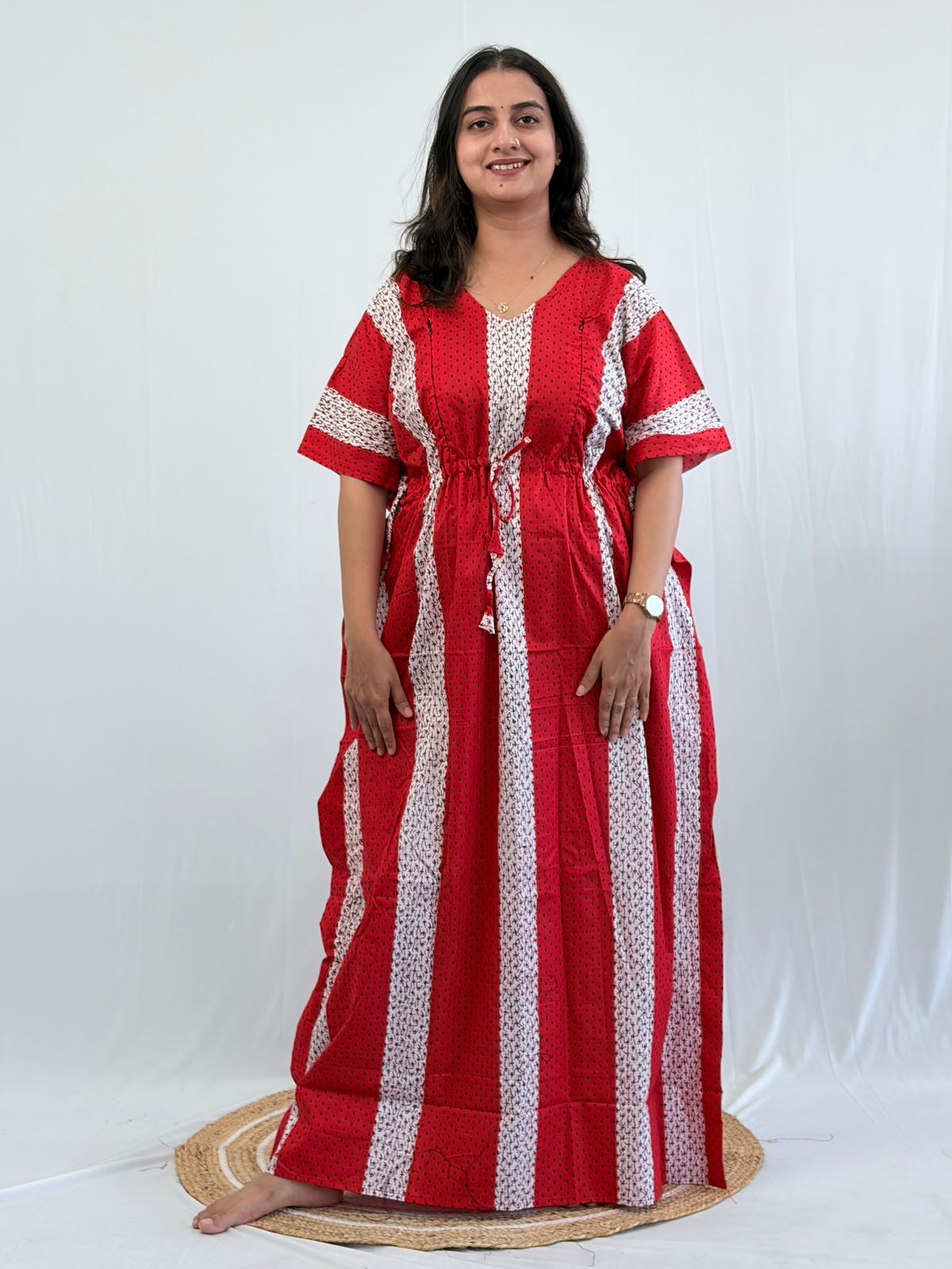 Red And White Printed Premium Cotton Feeding Kaftan | Free Size | Chest Width 44″| Length 56″