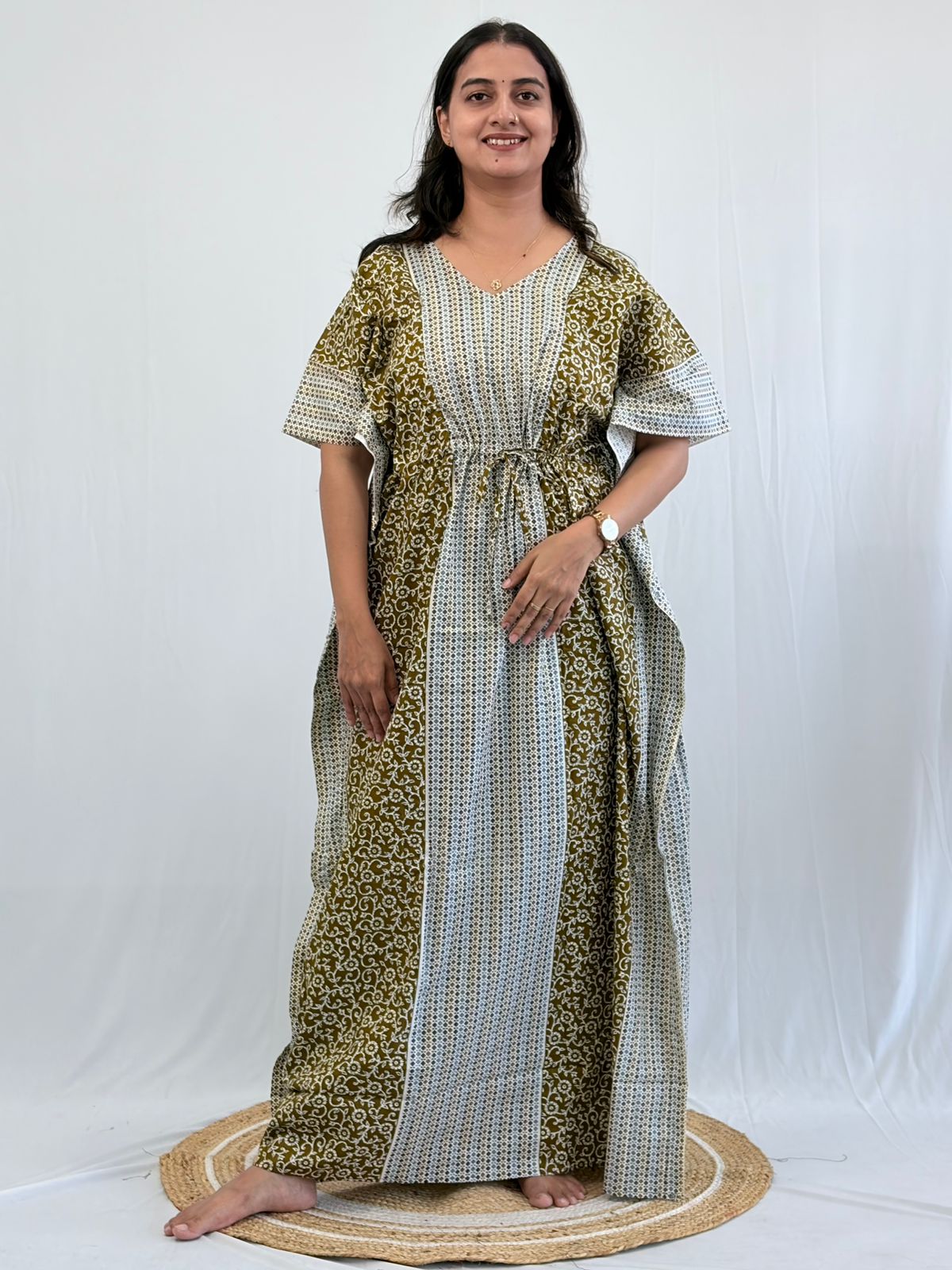 Olive Green Floral Printed Premium Cotton Non Feeding Kaftan | Free Size | Chest Width 44″| Length 56″