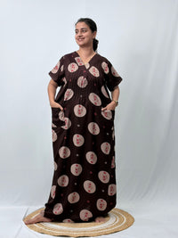 Coffee Brown Printed V-Neck Alfine Churidar Cut Nighty | Free Size | Chest Width 44″| Length 56″