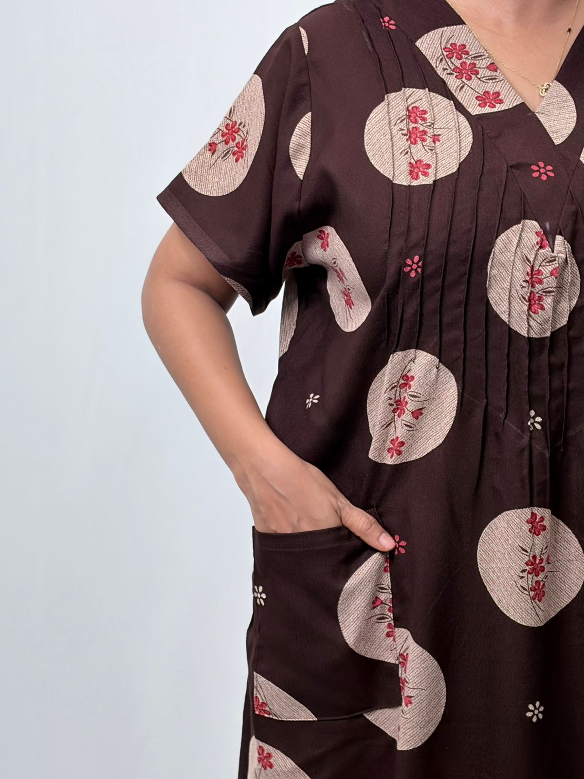 Coffee Brown Printed V-Neck Alfine Churidar Cut Nighty | Free Size | Chest Width 44″| Length 56″