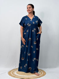Blue Floral Printed V-Neck Alfine Churidar Cut Nighty | Free Size | Chest Width 44″| Length 56″