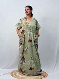 Pastel Green Leaf Printed V-Neck Alfine Churidar Cut Nighty | Free Size | Chest Width 44″| Length 56″