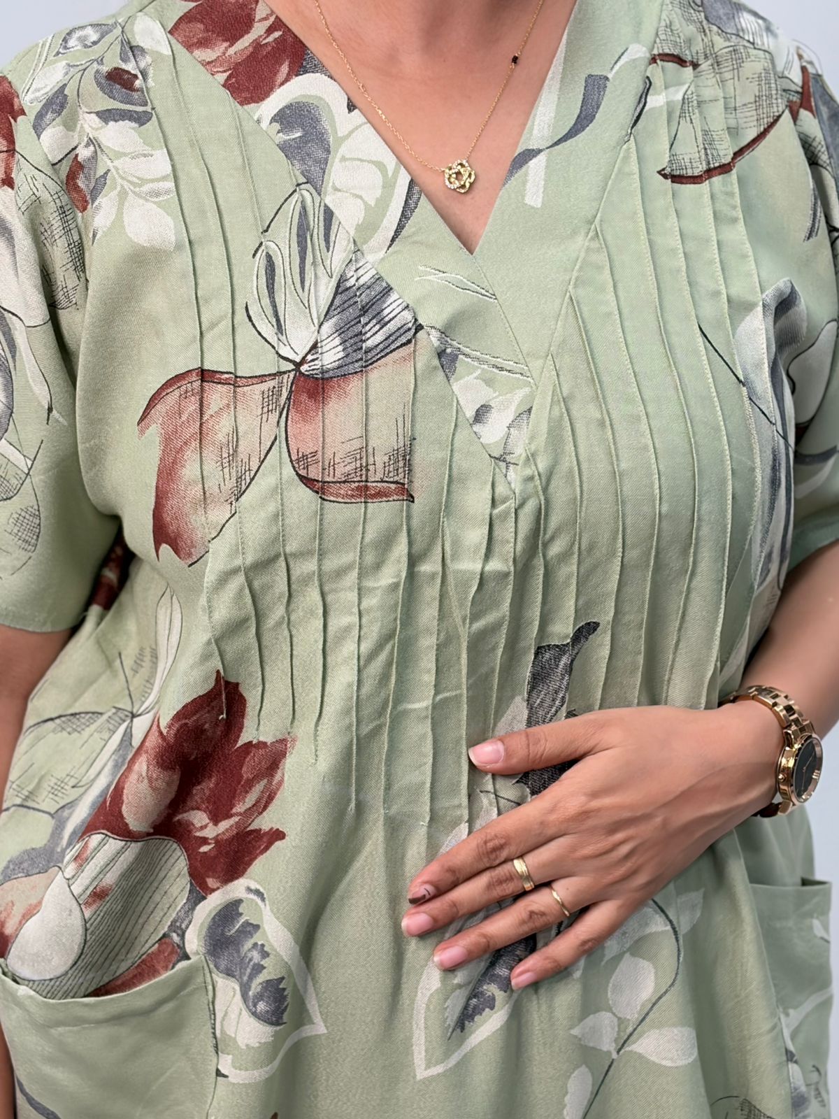 Pastel Green Leaf Printed V-Neck Alfine Churidar Cut Nighty | Free Size | Chest Width 44″| Length 56″