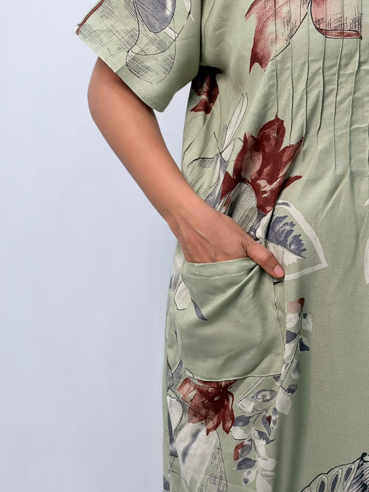 Pastel Green Leaf Printed V-Neck Alfine Churidar Cut Nighty | Free Size | Chest Width 44″| Length 56″