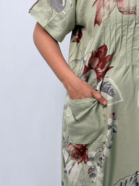 Pastel Green Leaf Printed V-Neck Alfine Churidar Cut Nighty | Free Size | Chest Width 44″| Length 56″