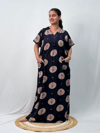 Navy-Blue Printed V-Neck Alfine Churidar Cut Nighty | Free Size | Chest Width 44″| Length 56″