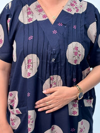 Navy-Blue Printed V-Neck Alfine Churidar Cut Nighty | Free Size | Chest Width 44″| Length 56″