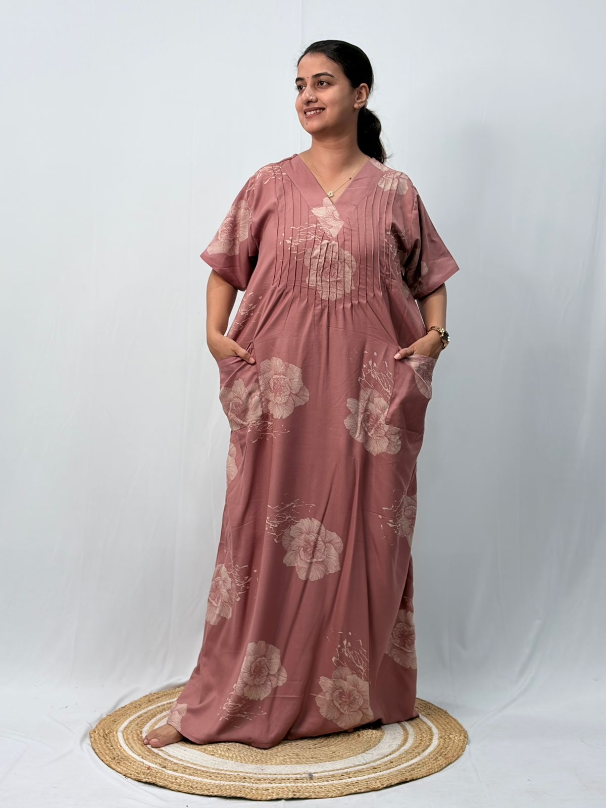 Mauve Floral Printed V-Neck Alfine Churidar Cut Nighty | Free Size | Chest Width 44″| Length 56″