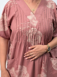 Mauve Floral Printed V-Neck Alfine Churidar Cut Nighty | Free Size | Chest Width 44″| Length 56″