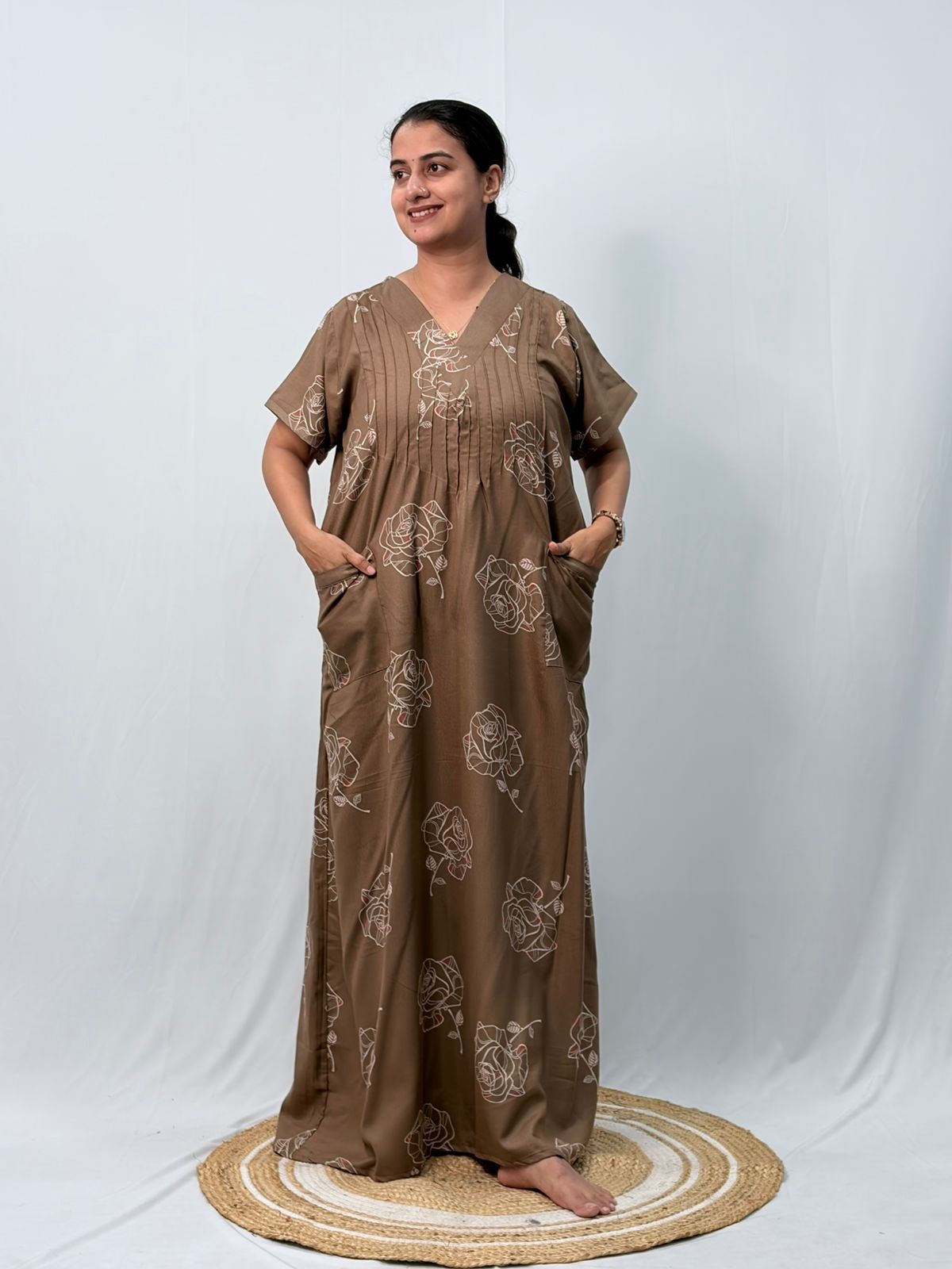 Pastel Brown Floral Printed V-Neck Alfine Churidar Cut Nighty | Free Size | Chest Width 44″| Length 56″
