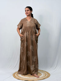 Pastel Brown Floral Printed V-Neck Alfine Churidar Cut Nighty | Free Size | Chest Width 44″| Length 56″