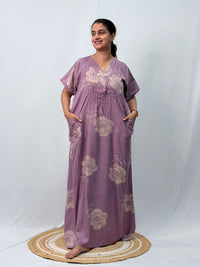Lavender Floral Printed V-Neck Alfine Churidar Cut Nighty | Free Size | Chest Width 44″| Length 56″