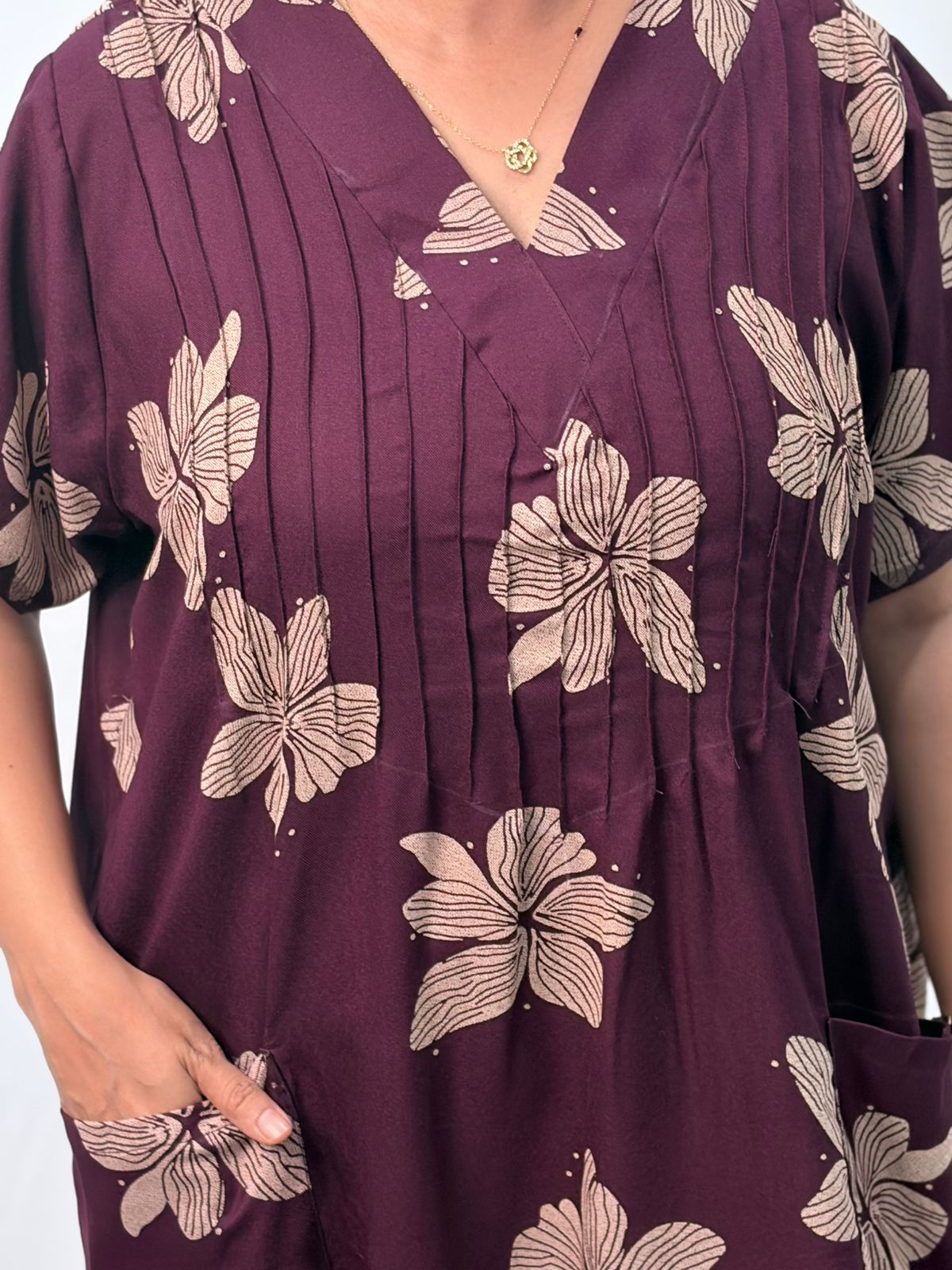 Purple Floral Printed V-Neck Alfine Churidar Cut Nighty | Free Size | Chest Width 44″| Length 56″