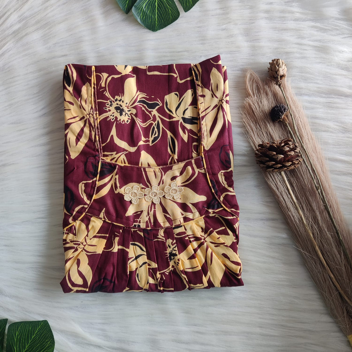 Yellow Floral Printed Wine Premium Cotton Three Flower Nighty |Free Size | Chest Width 44"| Length 54"-55"