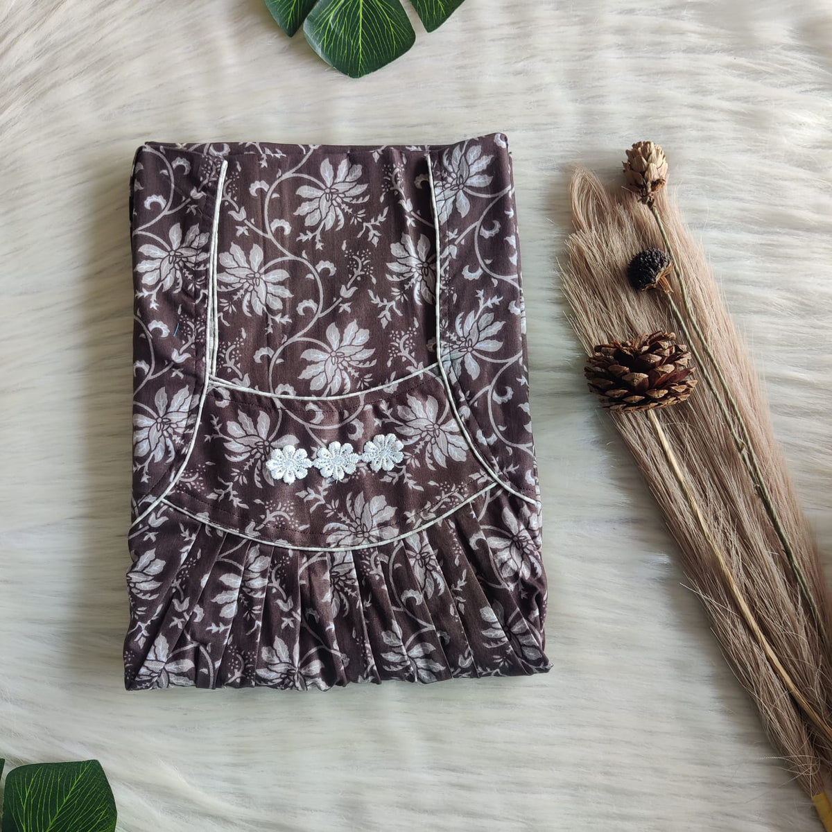 Coffee Brown Floral Printed  Premium Cotton Three Flower Nighty |Free Size | Chest Width 44"| Length 54"-55"