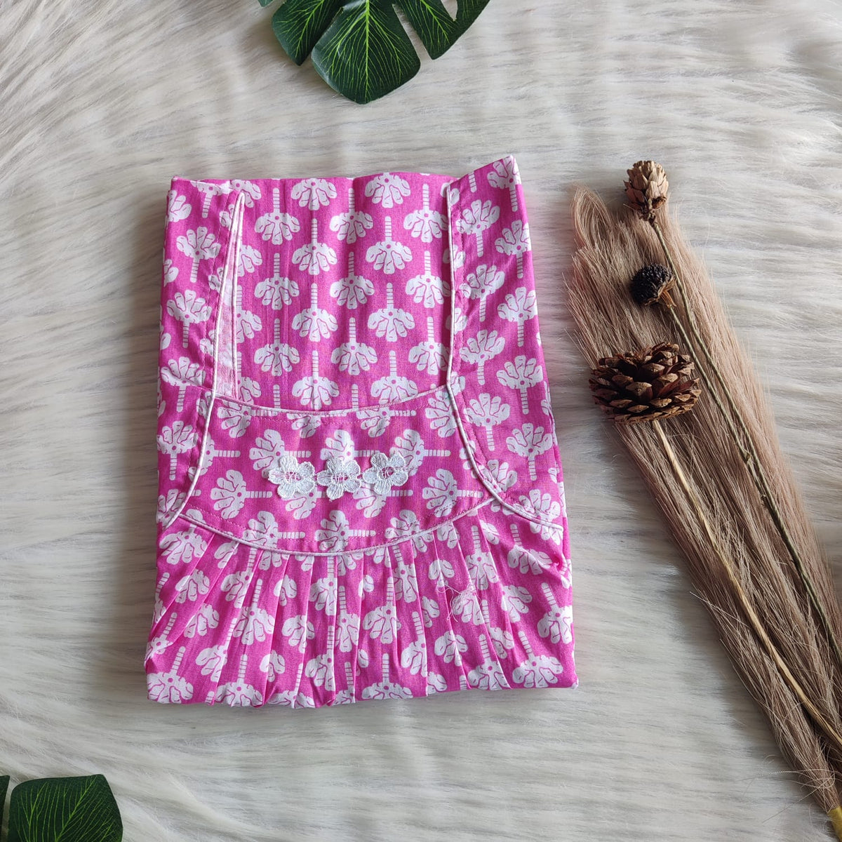 White Floral Printed Pink Premium Cotton Three Flower Nighty |Free Size | Chest Width 44"| Length 54"-55"