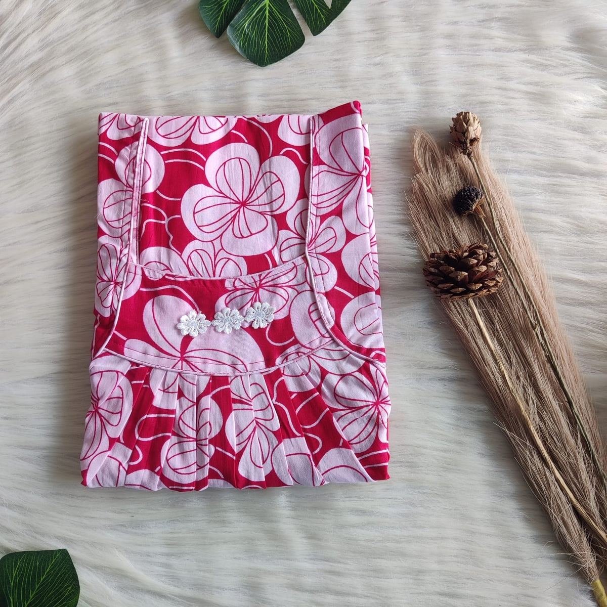 White Floral Printed Rani Pink Premium Cotton Three Flower Nighty |Free Size | Chest Width 44"| Length 54"-55"