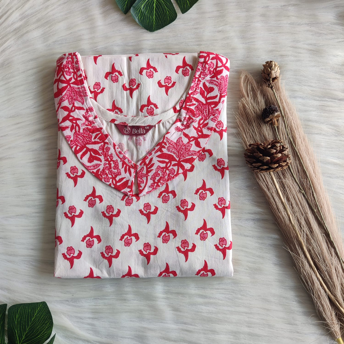 Red And White Floral Printed Premium Cotton Peter Pan Collar Nighty | Free Size | Chest Width 44″| Length 55″-56″