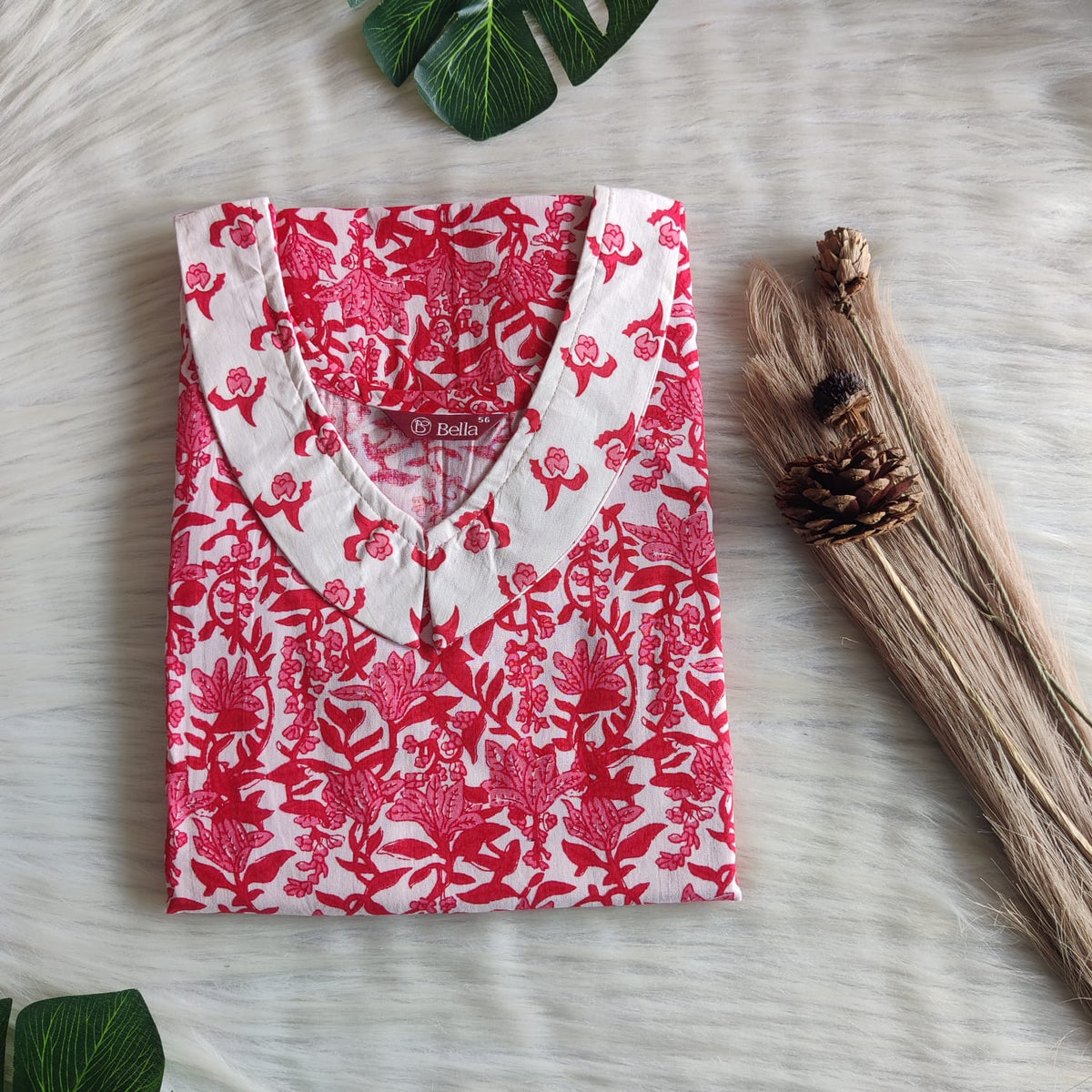 White And Red Floral Printed Premium Cotton Peter Pan Collar Nighty | Free Size | Chest Width 44″| Length 55″-56″