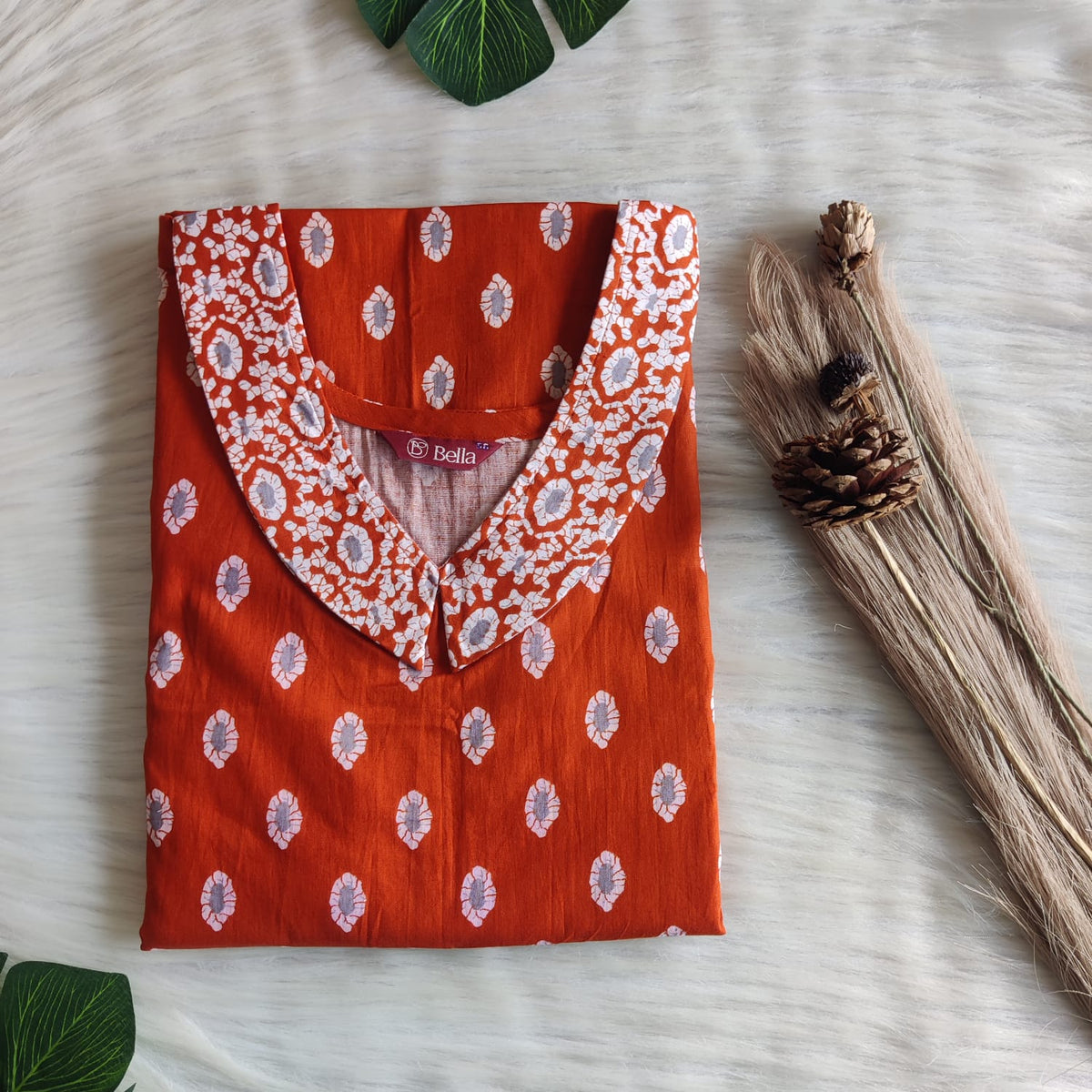White And Brown Printed Premium Cotton Peter Pan Collar Nighty | Free Size | Chest Width 44″| Length 55″-56″