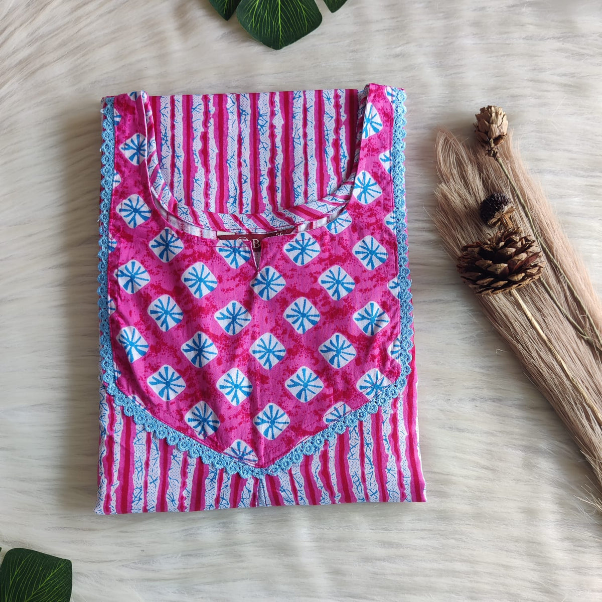 Blue And Pink Printed Premium Cotton Mix N Match Lace Pocket Nighty | Free Size | Chest Width 44″| Length 56″