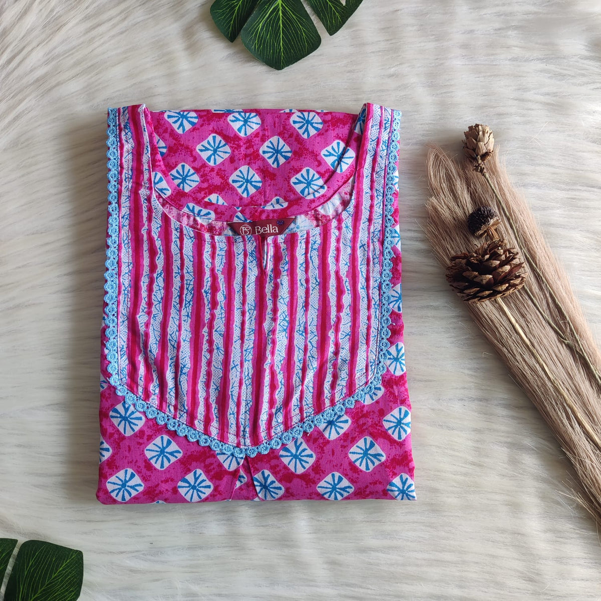 Pink And Blue Printed Premium Cotton Mix N Match Lace Pocket Nighty | Free Size | Chest Width 44″| Length 56″