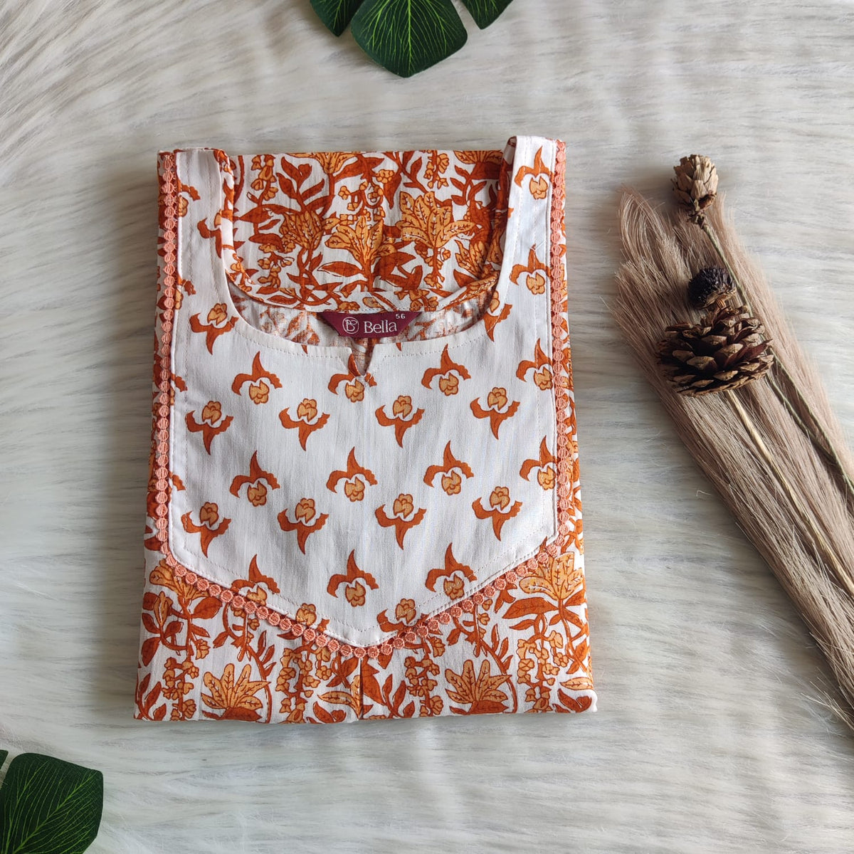 White And Orange Floral Printed Premium Cotton Mix N Match 3/4 Sleeve Lace Pocket Nighty | Free Size | Chest Width 44″| Length 56″