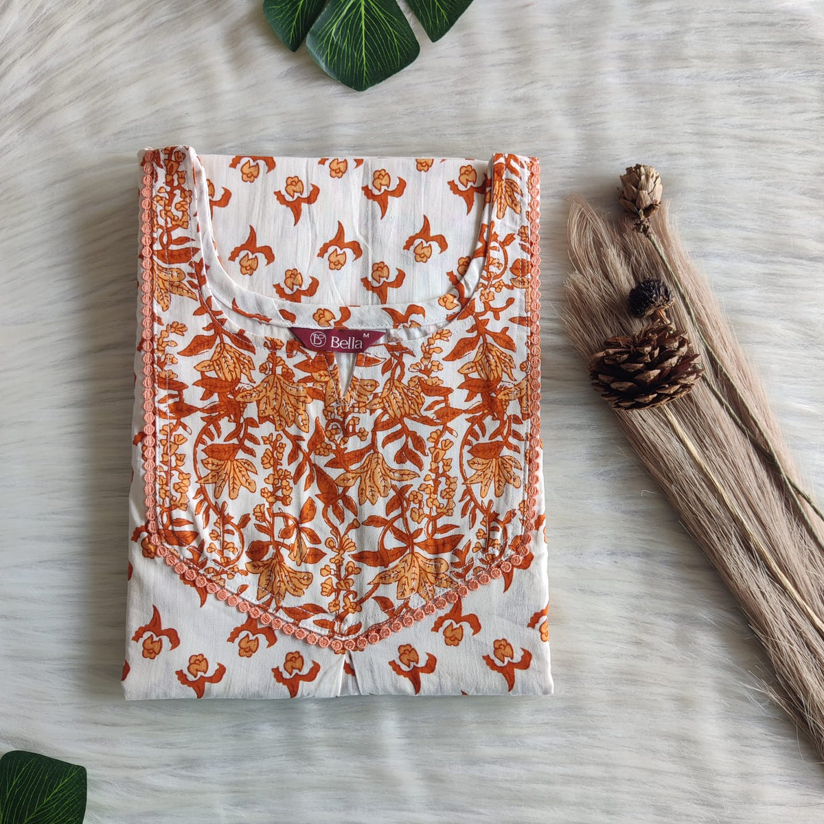 Orange And White Floral Printed Premium Cotton Mix N Match 3/4 Sleeve Lace Pocket Nighty | Free Size | Chest Width 44″| Length 56″