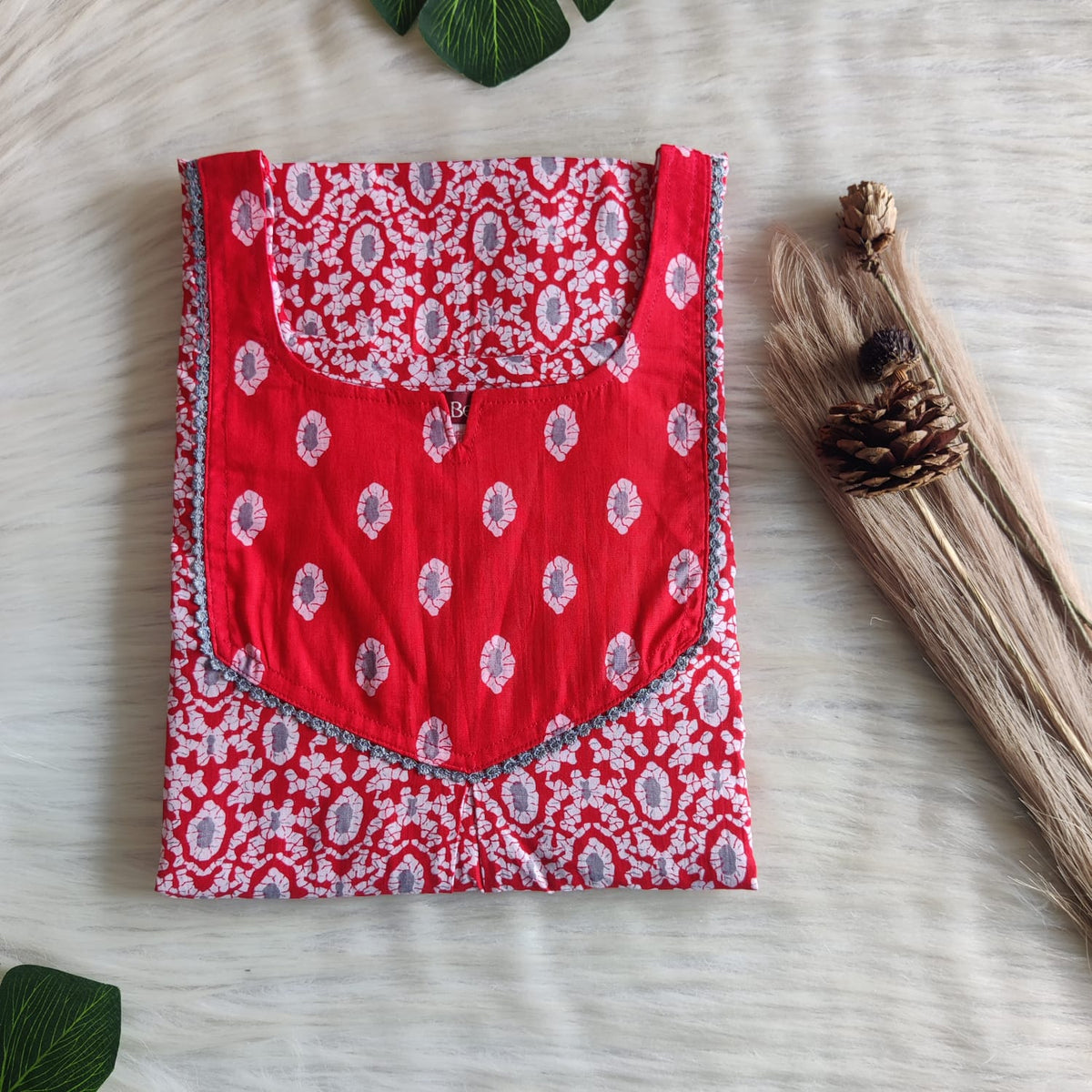 Red And White Floral Printed Premium Cotton Mix N Match Lace Pocket Nighty | Free Size | Chest Width 44″| Length 56″