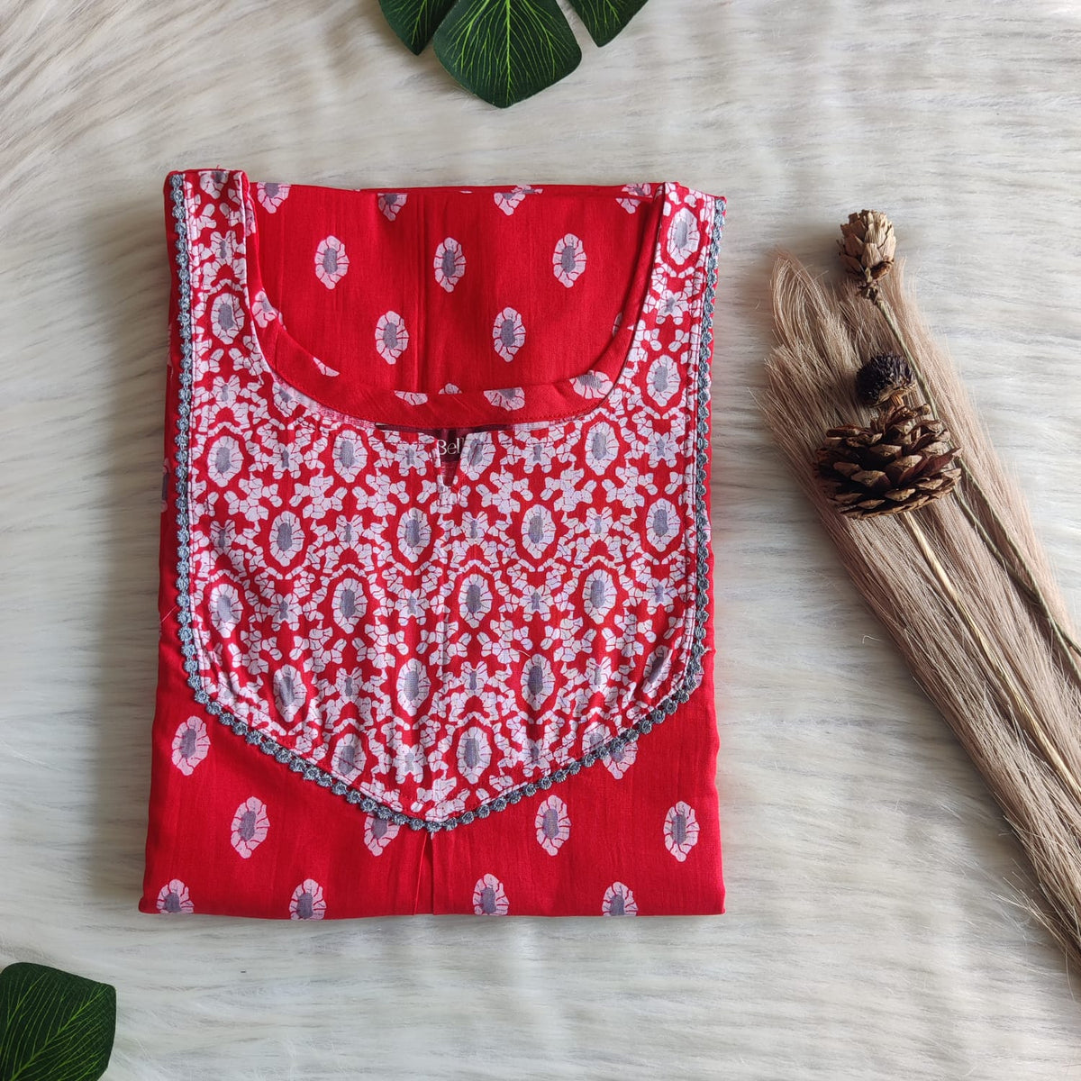 White And Red Printed Premium Cotton Mix N Match 3/4 Sleeve Lace Pocket Nighty | Free Size | Chest Width 44″| Length 56″