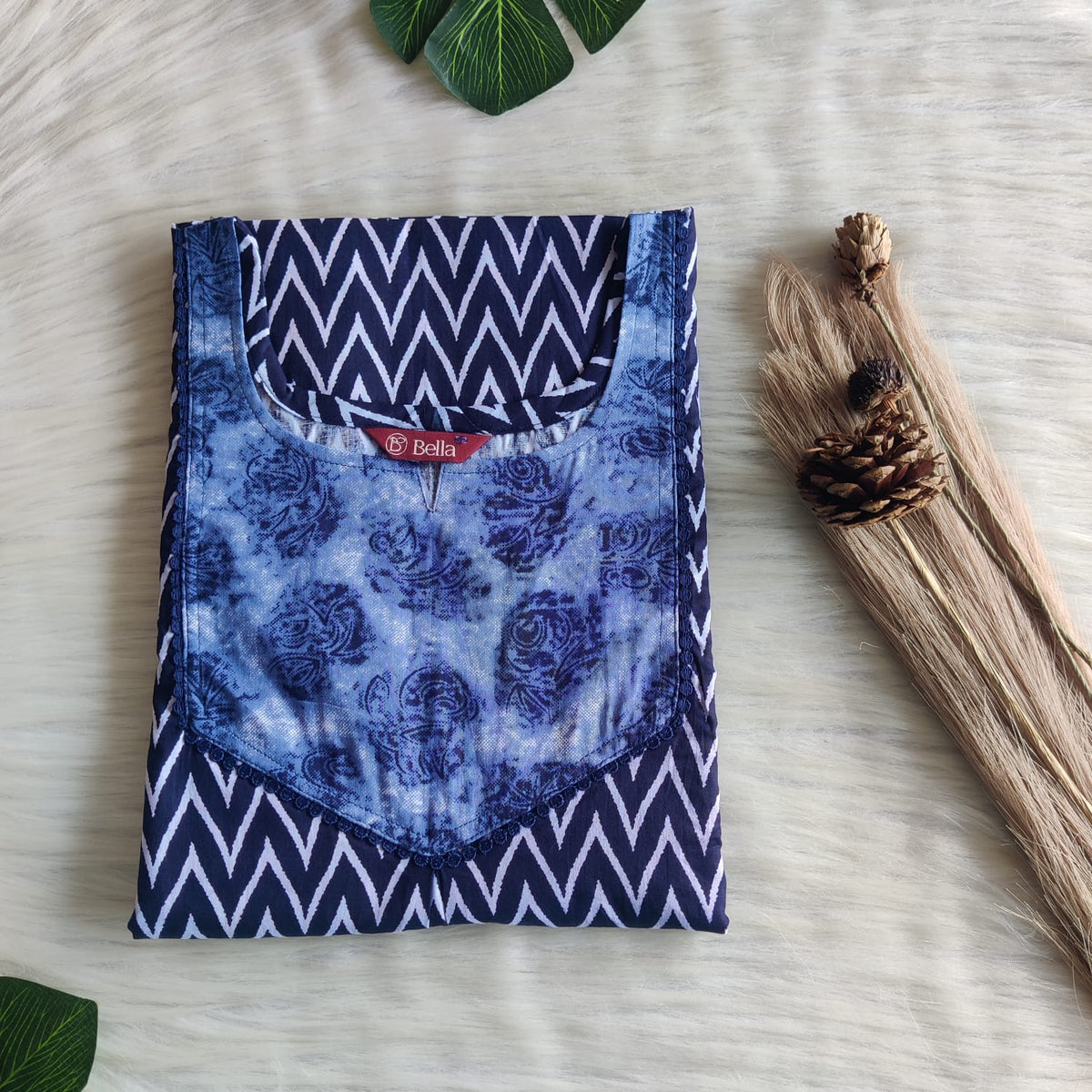 Pale And Dark Blue Printed Premium Cotton Mix N Match Lace Pocket Nighty | Free Size | Chest Width 44″| Length 56″