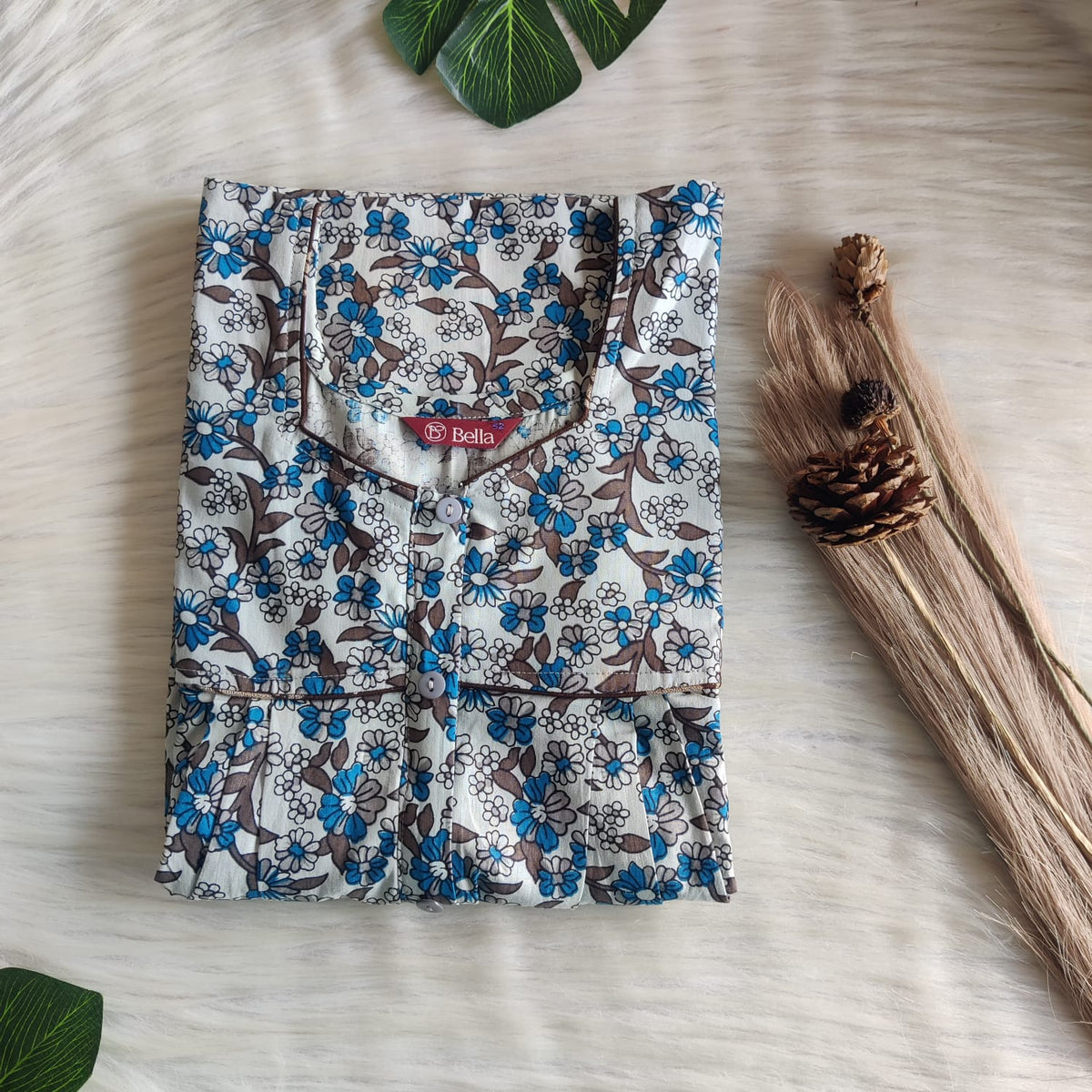 Blue Floral Printed Grey Premium Cotton Button Zip Nighty | Free Size | Chest Width 44″| Length 55″-56″