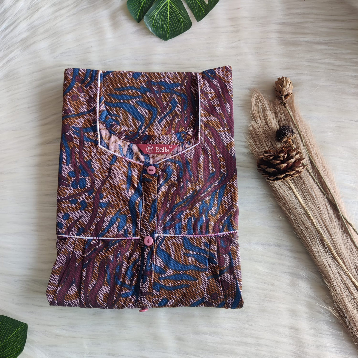 Blue Printed Maroon Premium Cotton Button Zip Nighty | Free Size | Chest Width 44″| Length 55″-56″