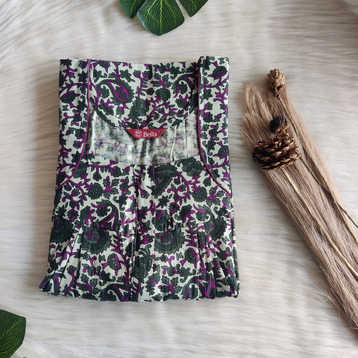 Green Floral Printed Premium Cotton Pleated Zip Nighty | Free Size | Chest Width 44″| Length 54″-55″